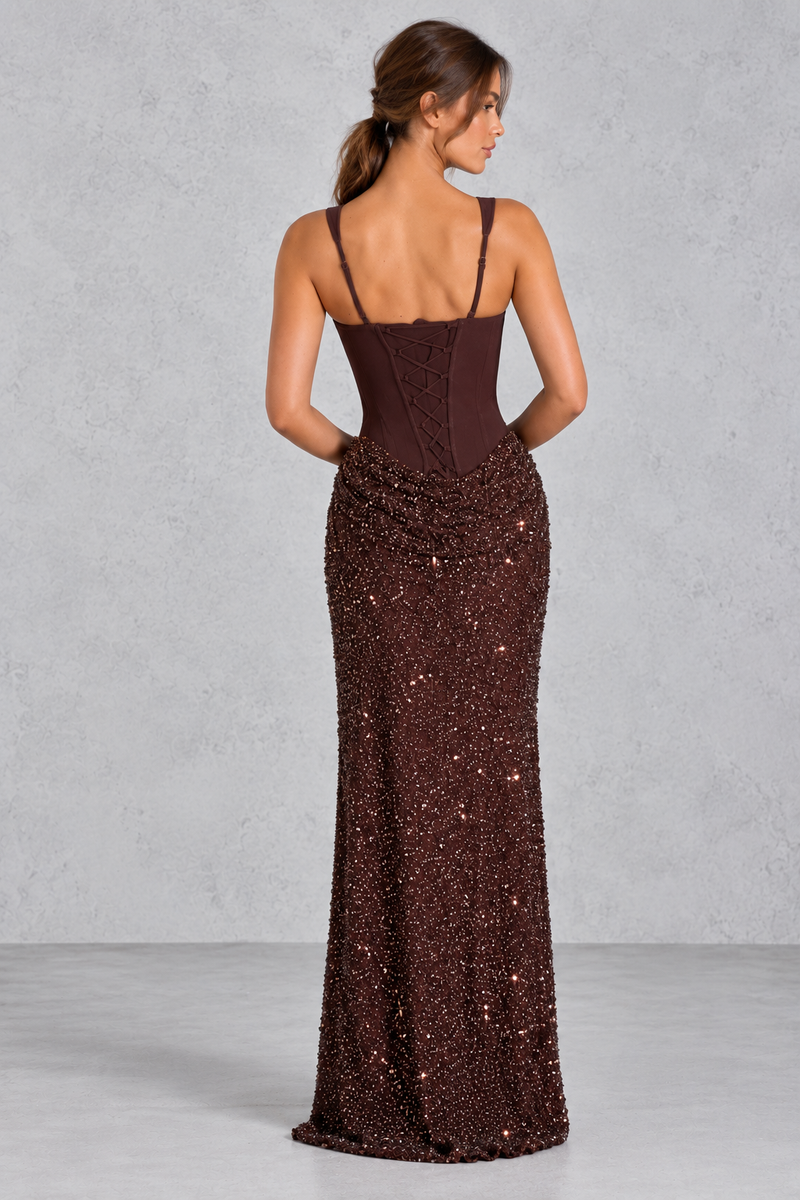 Women’s  corset maxi dress with a structured crepe bodice, square neckline, adjustable straps and embellished tulle cowl skirt.