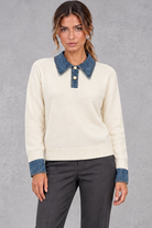 Women's Cotton Knit Jumper with Denim Collar in White – front view