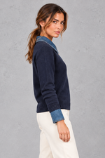 Women's Cotton Knit Jumper with Denim Collar in Navy – side view