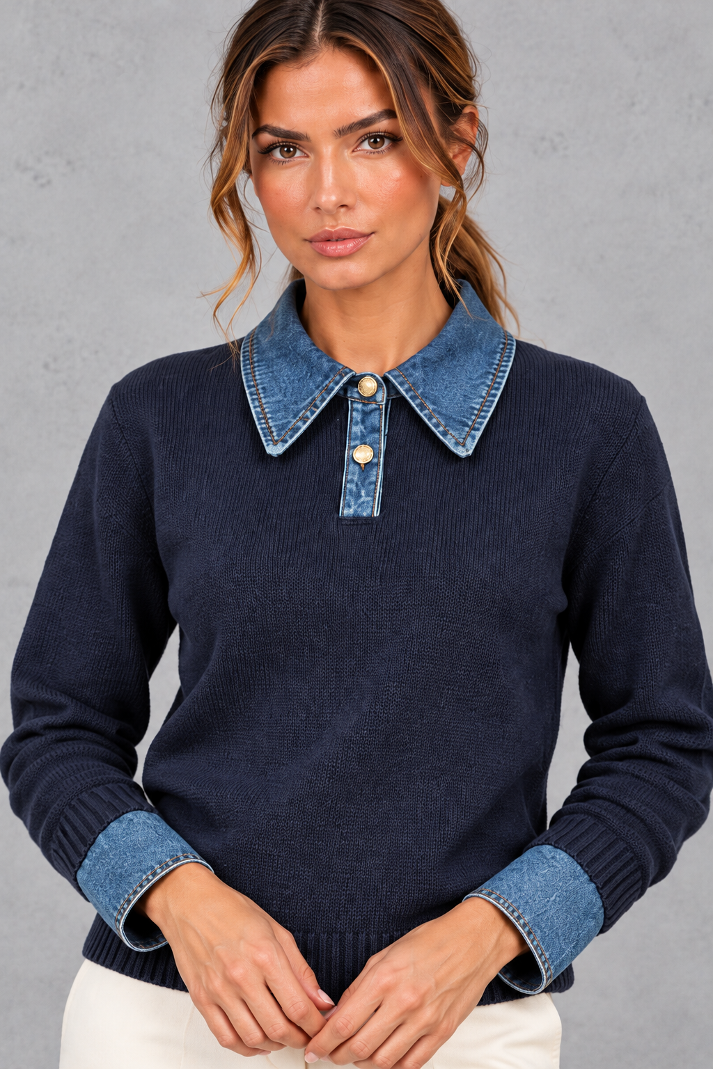 Women's Cotton Knit Jumper with Denim Collar in Navy – close-up