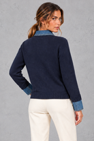Women's Cotton Knit Jumper with Denim Collar in Navy – back view