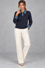 Women's Cotton Knit Jumper with Denim Collar in Navy – full-length view