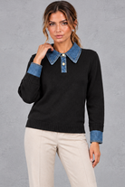 Women's Cotton Knit Jumper with Denim Collar in Black – front view
