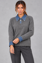 Women's Cotton Knit Jumper with Denim Collar in Light Grey – front view