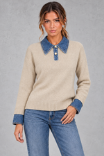 Women's Cotton Knit Jumper with Denim Collar in Apricot – front view