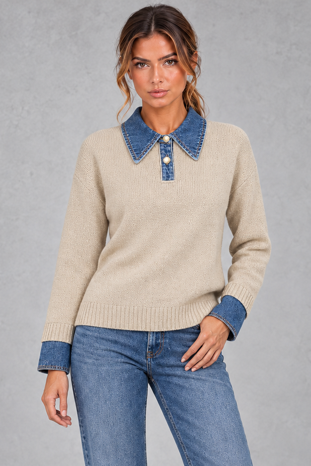 Women's Cotton Knit Jumper with Denim Collar in Apricot – front view