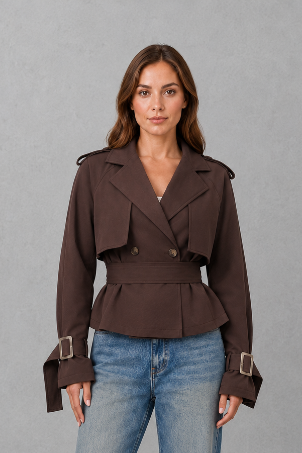 Women’s cotton short trench jacket with double-breasted button front, notch lapels, long sleeves and adjustable belted waist.