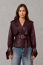 Women’s cotton short trench jacket with double-breasted button front, notch lapels, long sleeves and adjustable belted waist.
