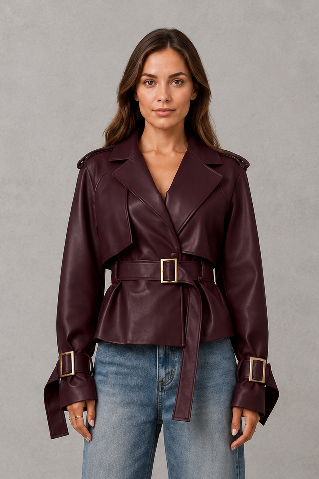 Women’s cotton short trench jacket with double-breasted button front, notch lapels, long sleeves and adjustable belted waist.