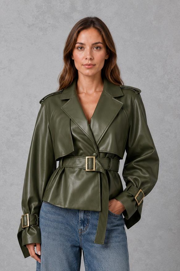 Women’s cotton short trench jacket with double-breasted button front, notch lapels, long sleeves and adjustable belted waist.