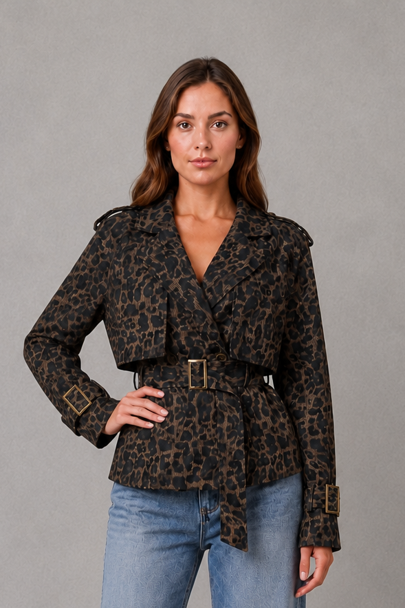 Women’s cotton short trench jacket with double-breasted button front, notch lapels, long sleeves and adjustable belted waist.