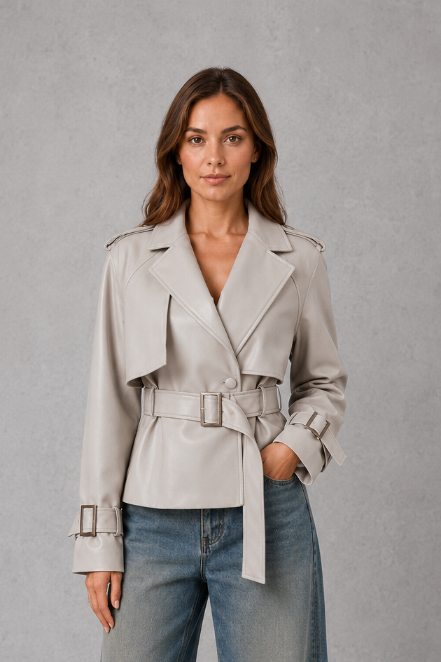 Women’s cotton short trench jacket with double-breasted button front, notch lapels, long sleeves and adjustable belted waist.