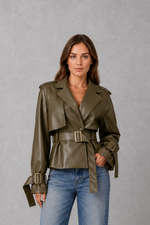 Women’s cotton short trench jacket with double-breasted button front, notch lapels, long sleeves and adjustable belted waist.
