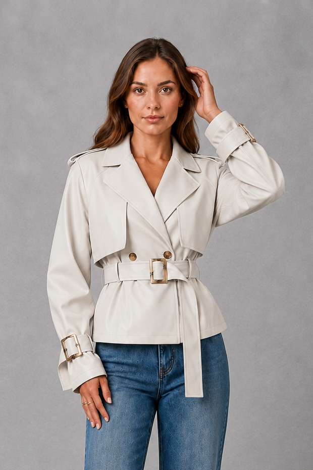 Women’s cotton short trench jacket with double-breasted button front, notch lapels, long sleeves and adjustable belted waist.