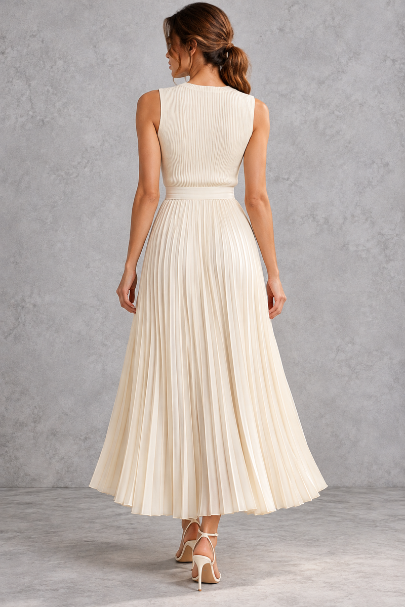 Women's cream ribbed top and flowing pleated maxi skirt set – back view