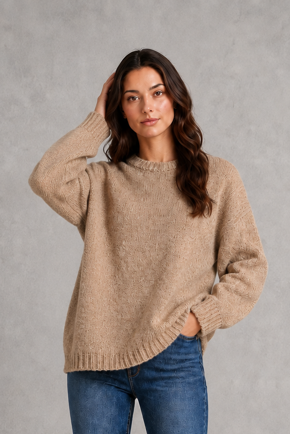 Light grey women’s crew neck knit jumper with an oversized relaxed fit, dropped shoulders and loose wide long sleeves.