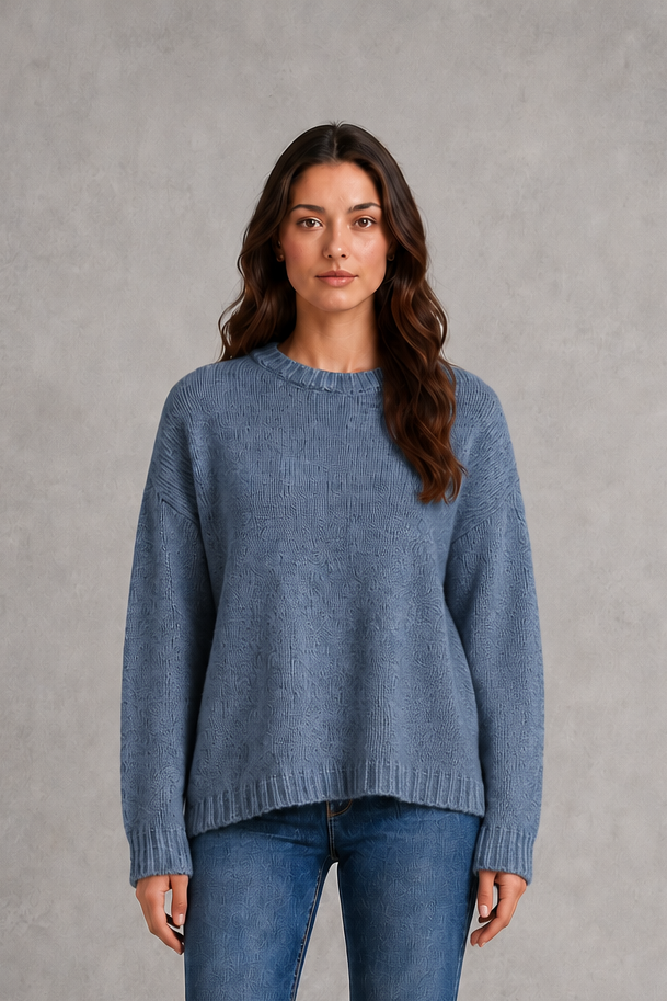 Light grey women’s crew neck knit jumper with an oversized relaxed fit, dropped shoulders and loose wide long sleeves.