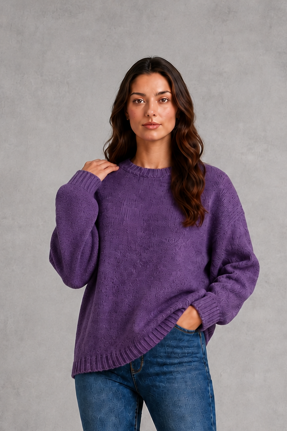 Light grey women’s crew neck knit jumper with an oversized relaxed fit, dropped shoulders and loose wide long sleeves.