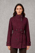 Women’s cropped belted jacket with double-breasted front and high collar