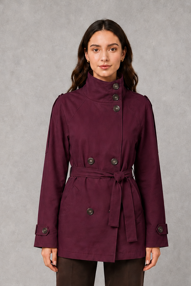 Women’s cropped belted jacket with double-breasted front and high collar