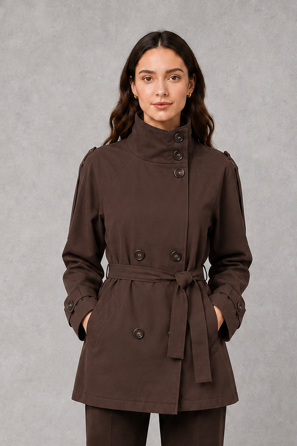 Women’s cropped belted jacket with double-breasted front and high collar