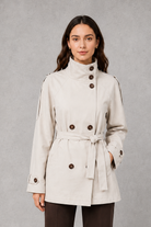 Women’s cropped belted jacket with double-breasted front and high collar