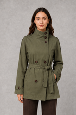 Women’s cropped belted jacket with double-breasted front and high collar