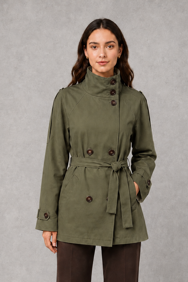 Women’s cropped belted jacket with double-breasted front and high collar