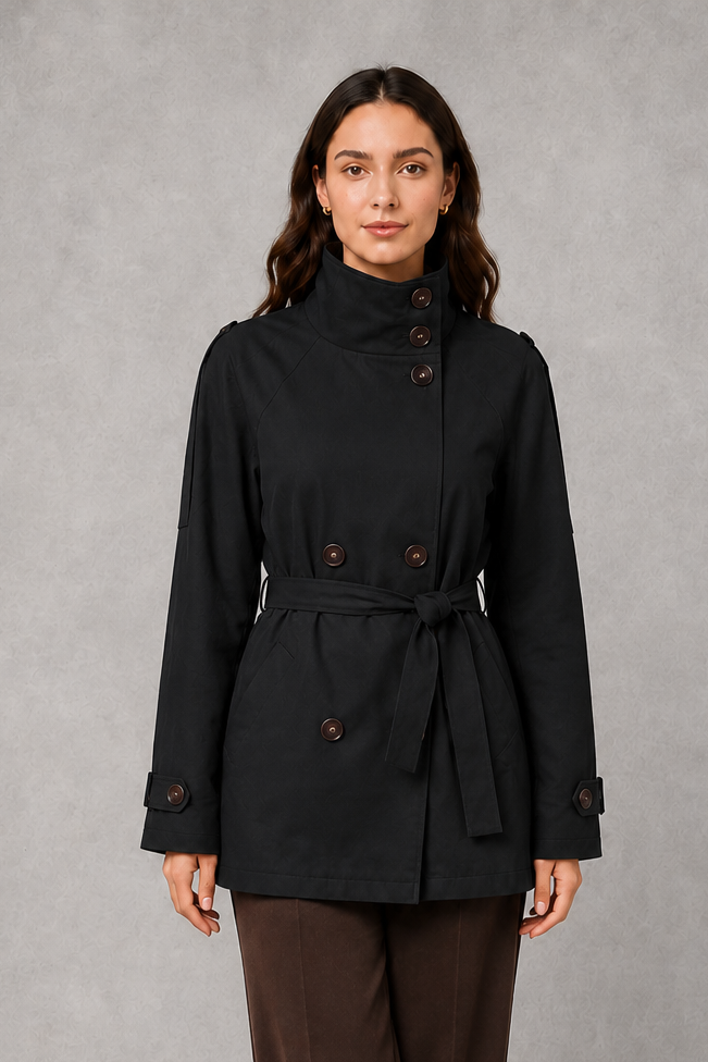 Women’s cropped belted jacket with double-breasted front and high collar