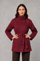 Women’s cropped belted jacket with double-breasted front and high collar