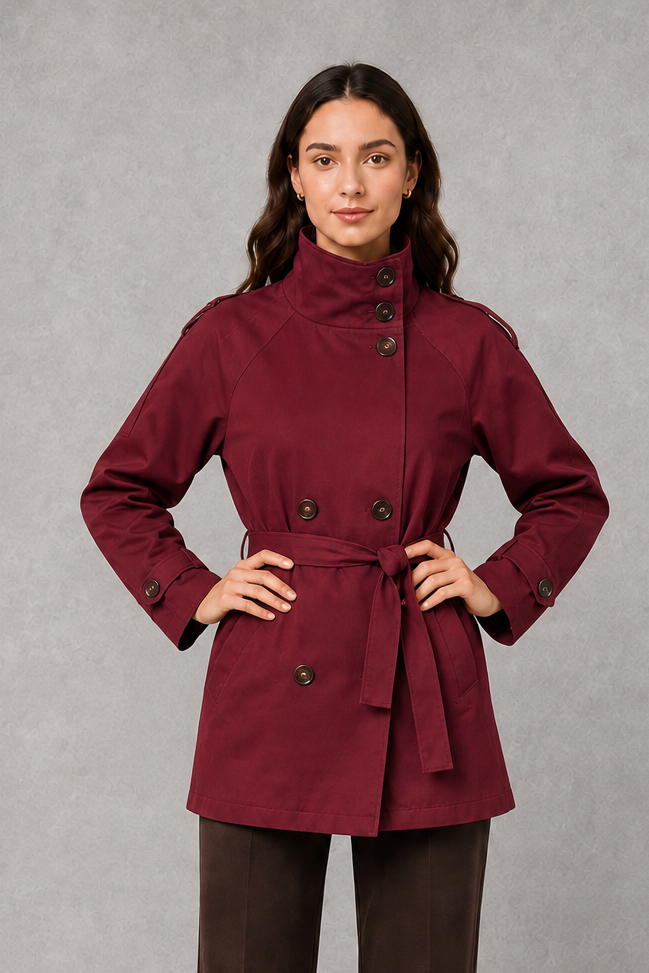 Women’s cropped belted jacket with double-breasted front and high collar