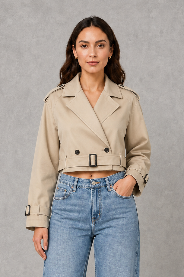 Women’s cropped tailored jacket with an adjustable waist belt, structured silhouette and clean minimalist finish for smart-casual styling.