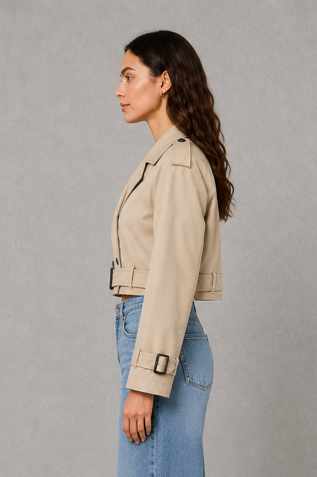 Women’s cropped tailored jacket with an adjustable waist belt, structured silhouette and clean minimalist finish for smart-casual styling.
