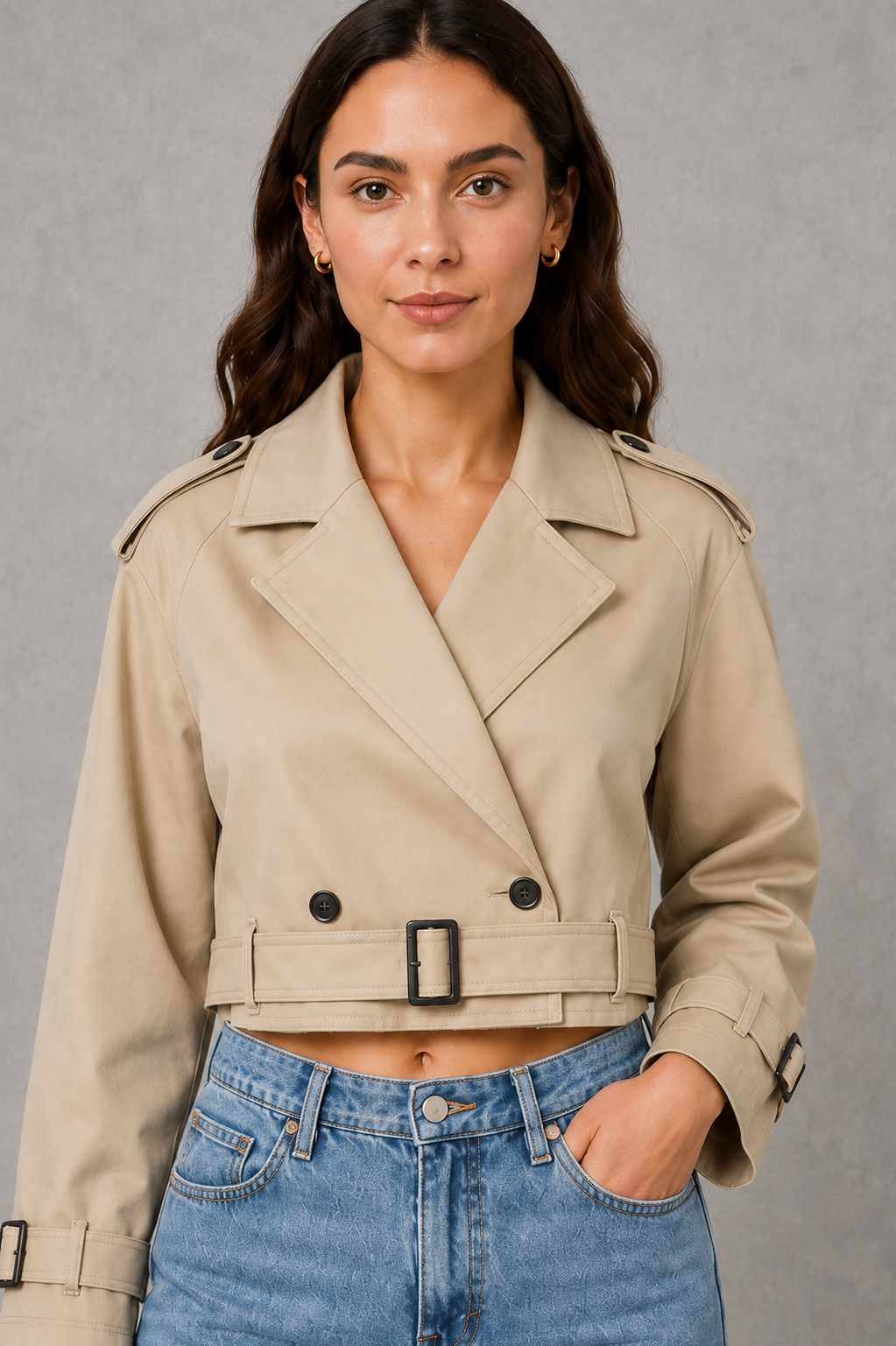 Women’s cropped tailored jacket with an adjustable waist belt, structured silhouette and clean minimalist finish for smart-casual styling.