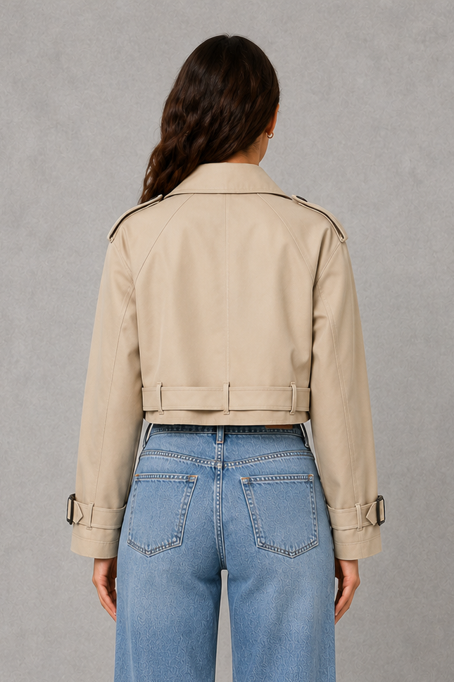 Women’s cropped tailored jacket with an adjustable waist belt, structured silhouette and clean minimalist finish for smart-casual styling.