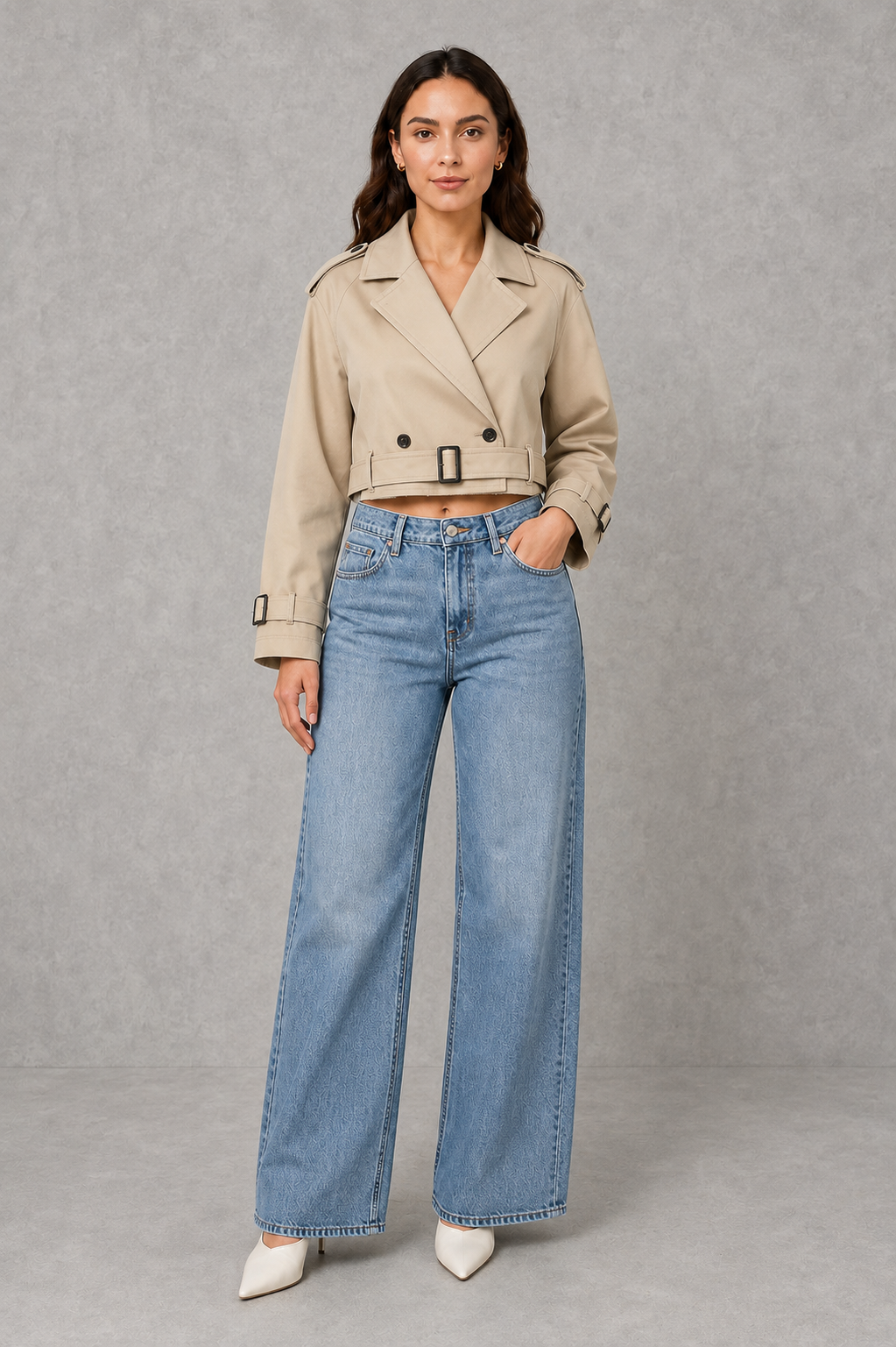 Women’s cropped tailored jacket with an adjustable waist belt, structured silhouette and clean minimalist finish for smart-casual styling.