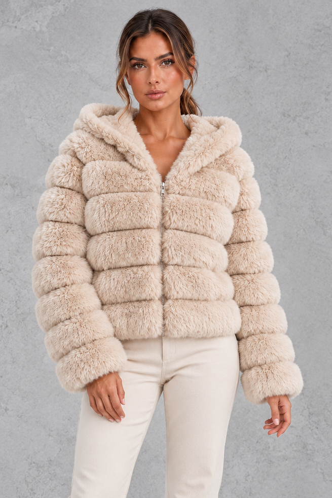 Women’s cropped faux fur winter jacket with a plush hood, horizontal panelled detailing, long sleeves and a voluminous silhouette.