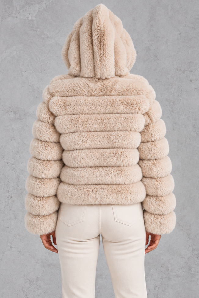 Women’s cropped faux fur winter jacket with a plush hood, horizontal panelled detailing, long sleeves and a voluminous silhouette.