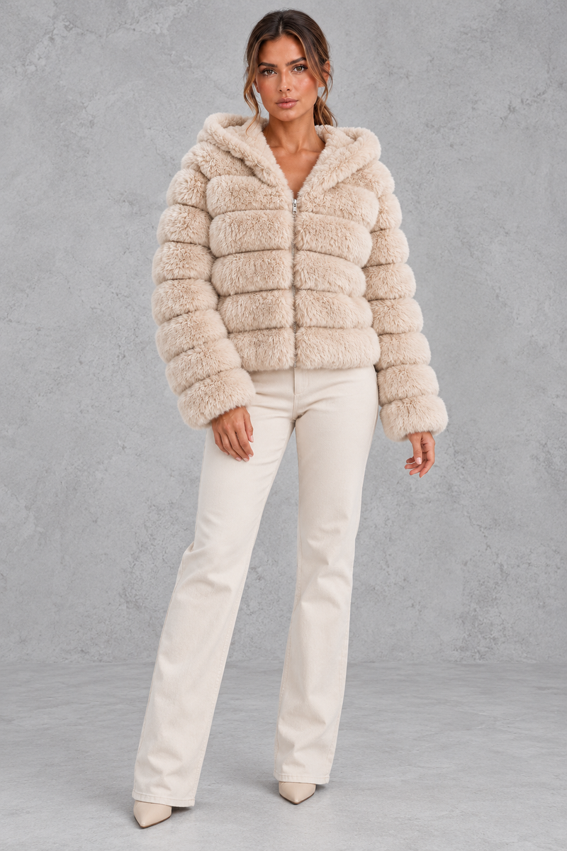 Women’s cropped faux fur winter jacket with a plush hood, horizontal panelled detailing, long sleeves and a voluminous silhouette.