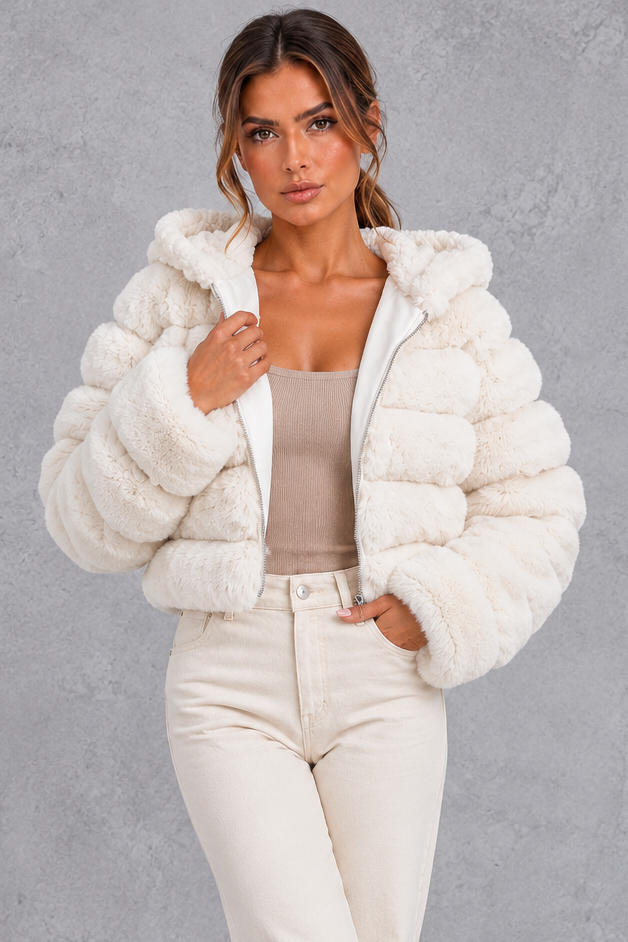 Women’s cropped faux fur winter jacket with a plush hood, horizontal panelled detailing, long sleeves and a voluminous silhouette.