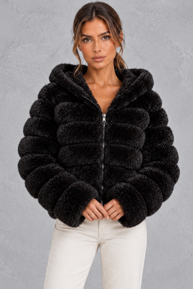 Women’s cropped faux fur winter jacket with a plush hood, horizontal panelled detailing, long sleeves and a voluminous silhouette.