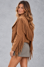 Women's cropped faux suede fringe jacket in Brown – side view