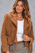 Women's cropped faux suede fringe jacket in Brown – close-up