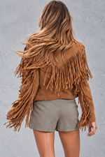 Women's cropped faux suede fringe jacket in Brown – back view