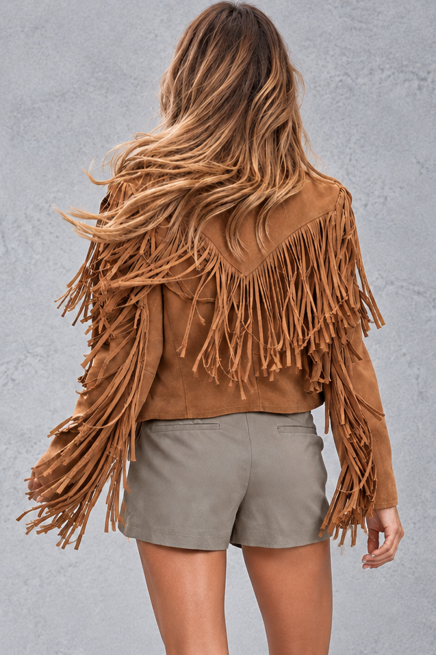 Women's cropped faux suede fringe jacket in Brown – back view