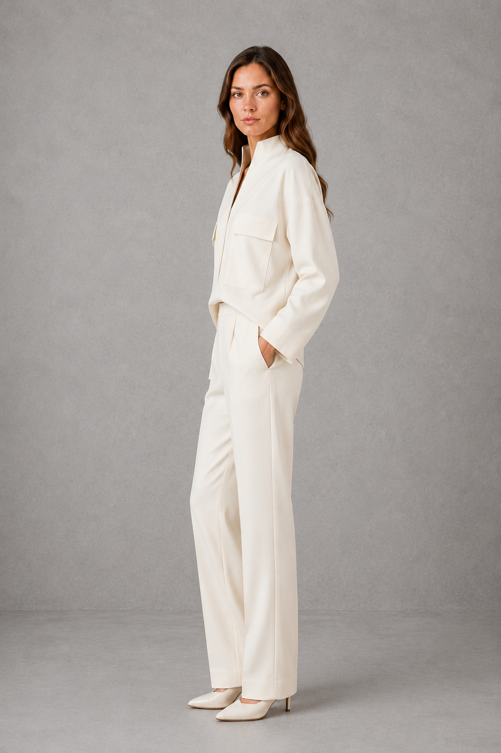 Women’s cropped V-neck jacket and high-waisted cigarette trouser two-piece set with chest patch pockets and a smart casual tailored silhouette.