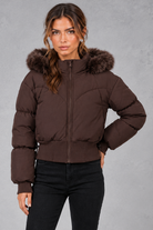 Women's Cropped Puffer Bomber Jacket in Dark Brown – front view