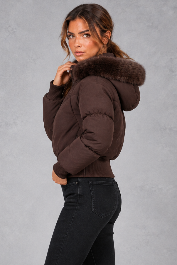 Women's Cropped Puffer Bomber Jacket in Dark Brown – side view