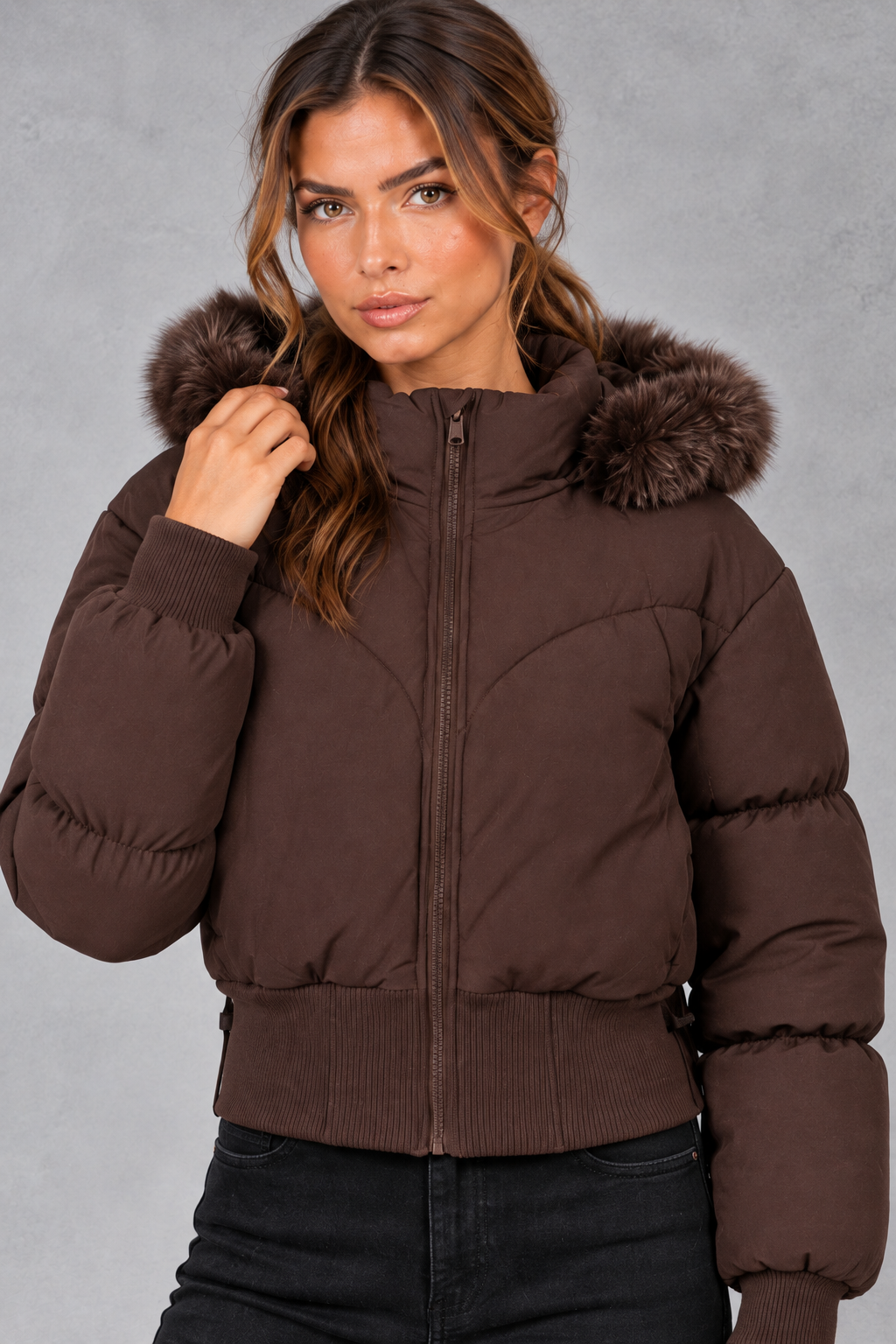 Women's Cropped Puffer Bomber Jacket in Dark Brown – close-up