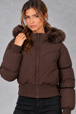 Women's Cropped Puffer Bomber Jacket in Dark Brown – close-up